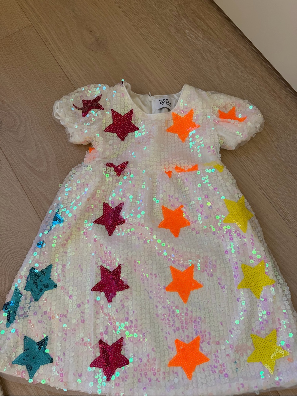 Lola + The Boys White Sequin Dress with Multicolor Star Appliqués